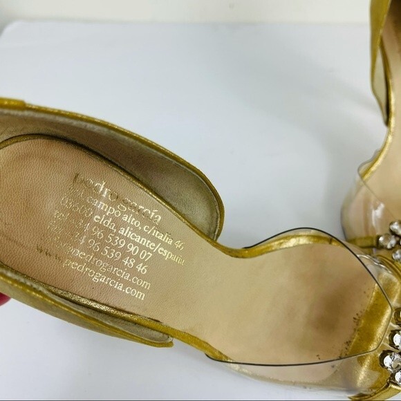 PEDRO GARCIA Retro Gold Metallic Jewel Glitter Peep Toe D'Orsay Heels Shoes 7.5 - Picture 10 of 16